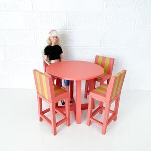 Miniature Barbie Bistro Table 4  MCM Striped Chairs Dollhouse Furniture